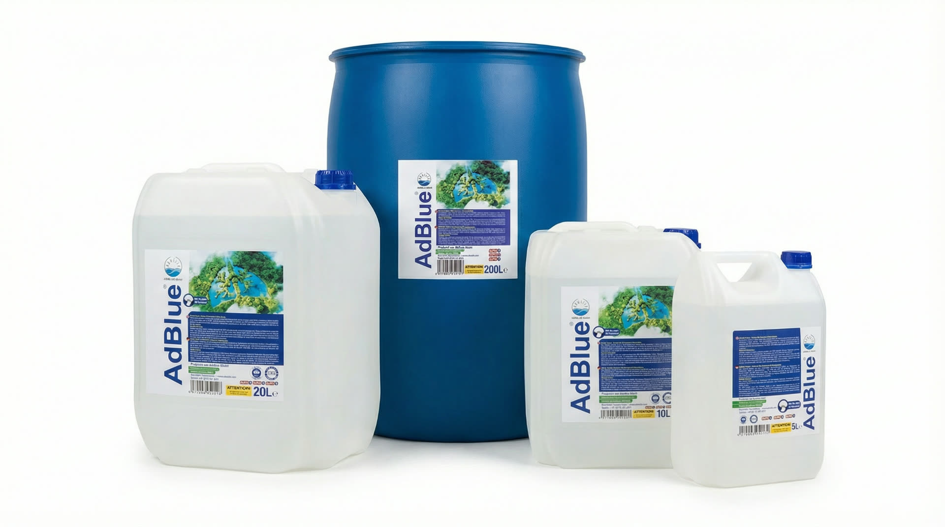 Packaged AdBlue product range in industrial container sizes.