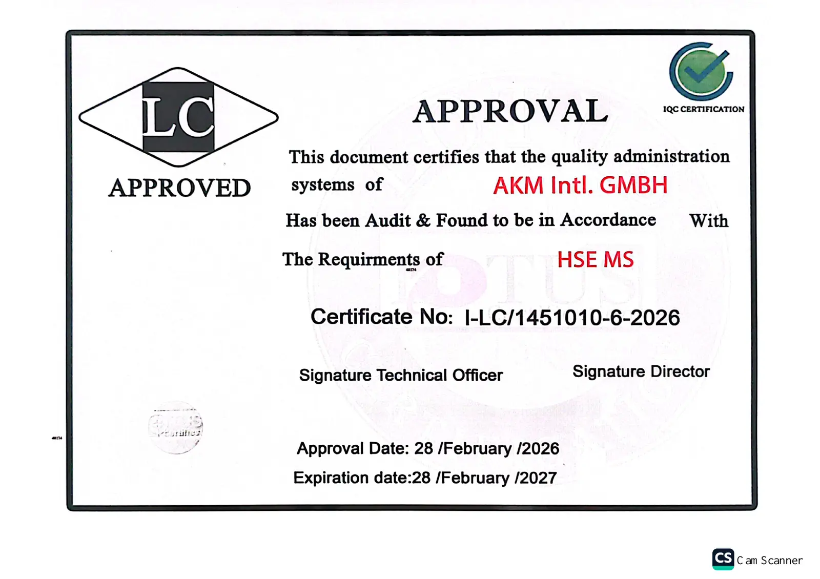Approval certificate issued to AKM Intl. GmbH for HSE-MS, certificate number I-LC/1451010-6-2026, approved 28 February 2026 and valid until 28 February 2027.