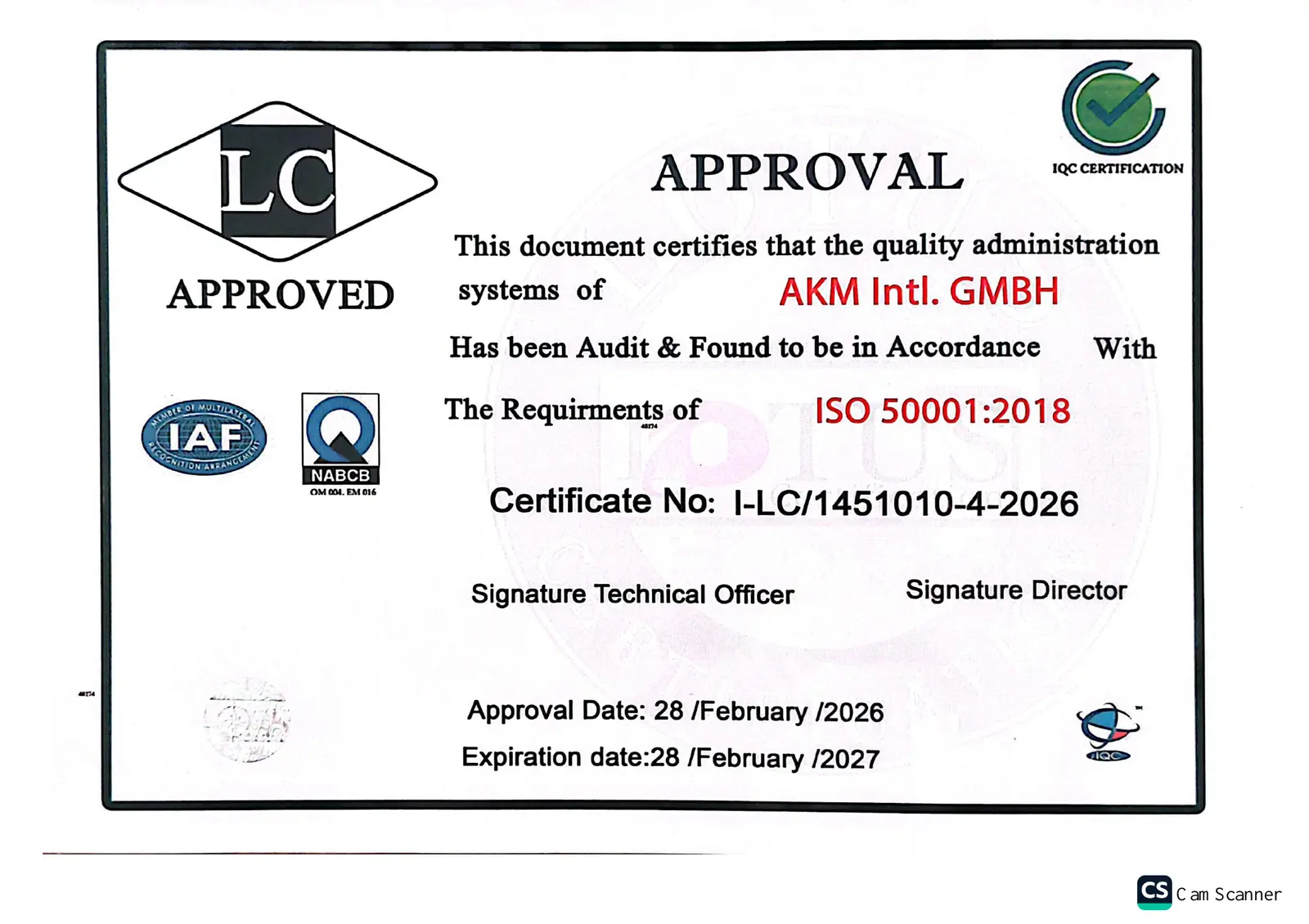 Approval certificate issued to AKM Intl. GmbH for ISO 50001:2018, certificate number I-LC/1451010-4-2026, approved 28 February 2026 and valid until 28 February 2027.