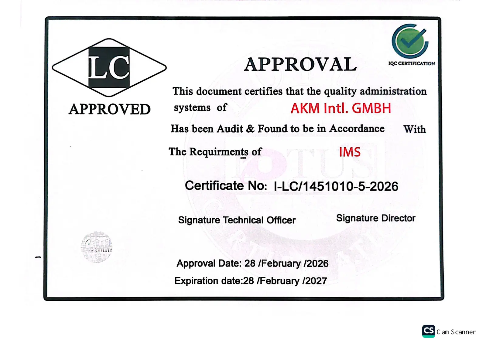 Approval certificate issued to AKM Intl. GmbH for IMS, certificate number I-LC/1451010-5-2026, approved 28 February 2026 and valid until 28 February 2027.